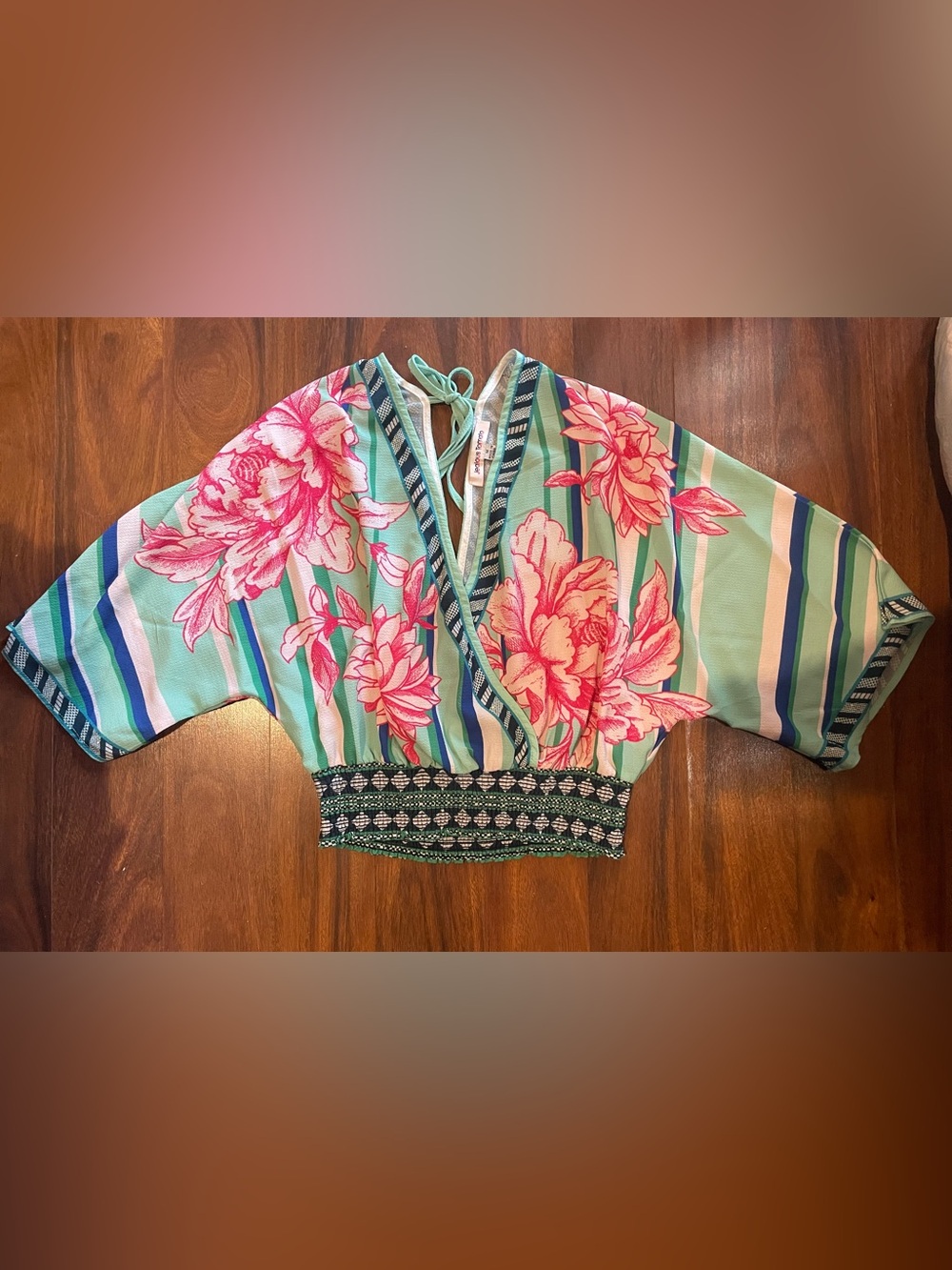 Jealous Tomato Mint Green and Pink Floral Stripe Tie-Back Crop Top